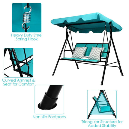 3 Person Patio Swing with Polyester Angle Adjustable Canopy and Steel Frame-Blue - Blue - Porch Swings