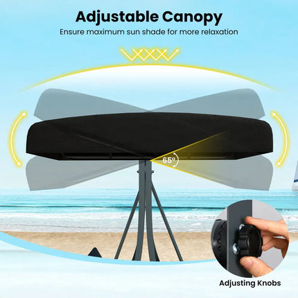 3-Person Porch Swing with Stand Outdoor Canopy Swing with Rattan Seat Back-Black - Black - Porch Swings