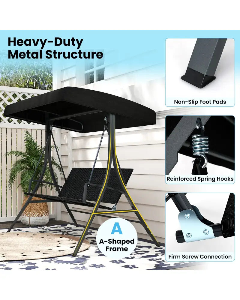 3-Person Porch Swing with Stand Outdoor Canopy Swing with Rattan Seat Back-Black - Black - Porch Swings