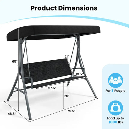 3-Person Porch Swing with Stand Outdoor Canopy Swing with Rattan Seat Back-Black - Black - Porch Swings