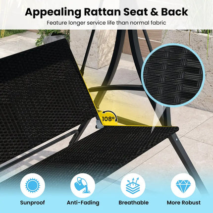 3-Person Porch Swing with Stand Outdoor Canopy Swing with Rattan Seat Back-Black - Black - Porch Swings