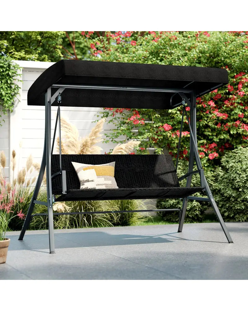 3-Person Porch Swing with Stand Outdoor Canopy Swing with Rattan Seat Back-Black - Black - Porch Swings