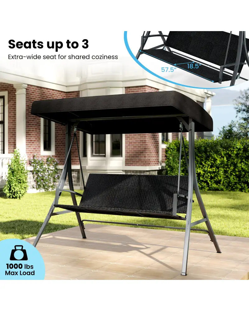 3-Person Porch Swing with Stand Outdoor Canopy Swing with Rattan Seat Back-Black - Black - Porch Swings