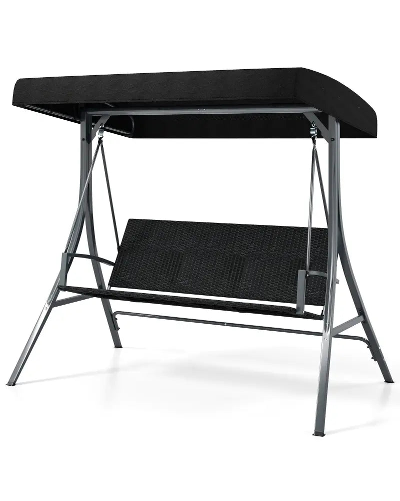 3-Person Porch Swing with Stand Outdoor Canopy Swing with Rattan Seat Back-Black - Black - Porch Swings