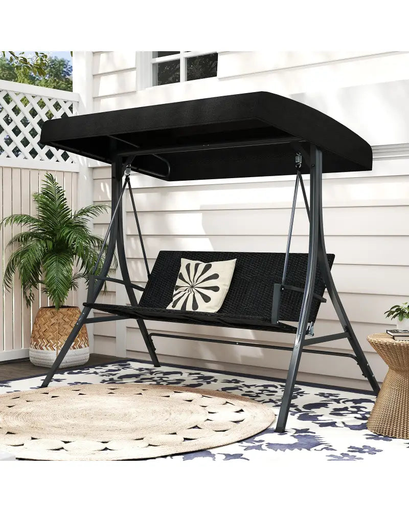 3-Person Porch Swing with Stand Outdoor Canopy Swing with Rattan Seat Back-Black - Black - Porch Swings
