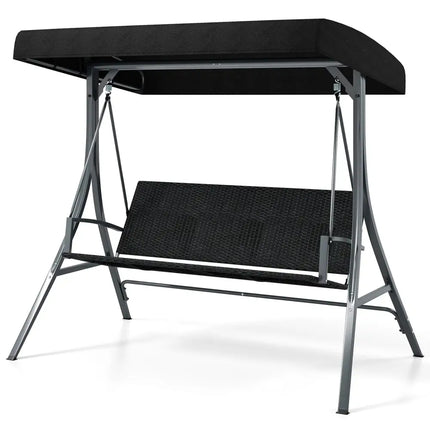 3-Person Porch Swing with Stand Outdoor Canopy Swing with Rattan Seat Back-Black - Black - Porch Swings