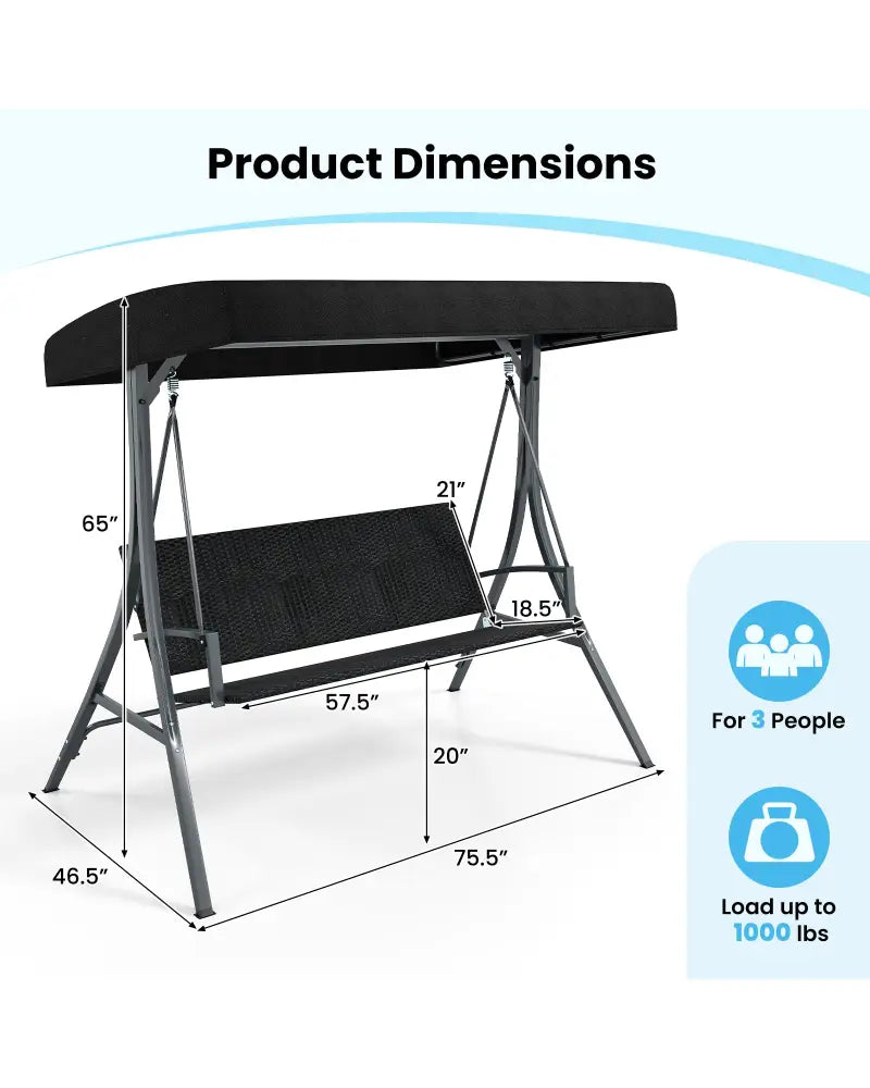 3-Person Porch Swing with Stand Outdoor Canopy Swing with Rattan Seat Back-Black - Black - Porch Swings