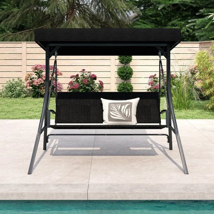 3-Person Porch Swing with Stand Outdoor Canopy Swing with Rattan Seat Back-Black - Black - Porch Swings
