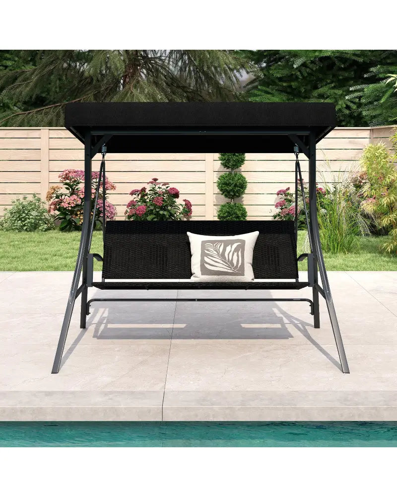 3-Person Porch Swing with Stand Outdoor Canopy Swing with Rattan Seat Back-Black - Black - Porch Swings