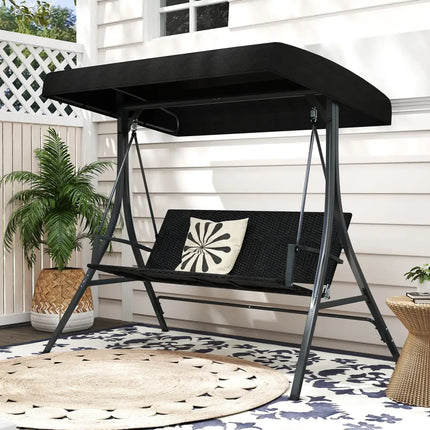 3-Person Porch Swing with Stand Outdoor Canopy Swing with Rattan Seat Back-Black - Black - Porch Swings
