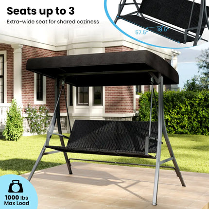 3-Person Porch Swing with Stand Outdoor Canopy Swing with Rattan Seat Back-Black - Black - Porch Swings