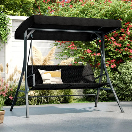 3-Person Porch Swing with Stand Outdoor Canopy Swing with Rattan Seat Back-Black - Black - Porch Swings