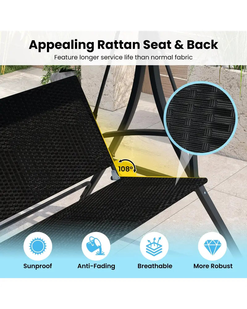 3-Person Porch Swing with Stand Outdoor Canopy Swing with Rattan Seat Back-Black - Black - Porch Swings