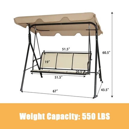 3 Person Steel Frame Patio Swing with Polyester Angle and Adjustable Canopy-Brown - Brown - Porch Swings