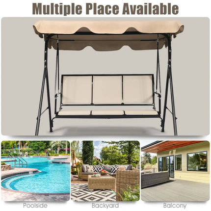 3 Person Steel Frame Patio Swing with Polyester Angle and Adjustable Canopy-Brown - Brown - Porch Swings