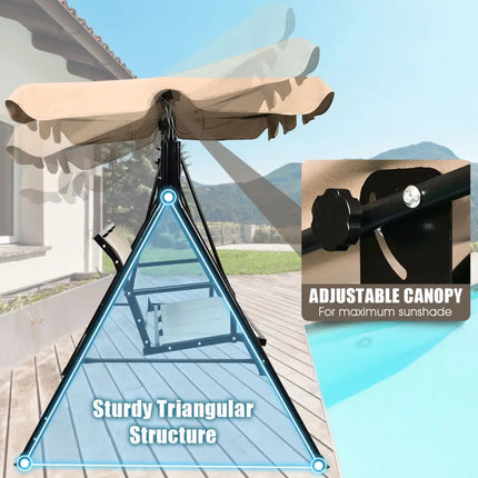3 Person Steel Frame Patio Swing with Polyester Angle and Adjustable Canopy-Brown - Brown - Porch Swings