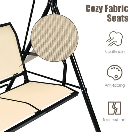 3 Person Steel Frame Patio Swing with Polyester Angle and Adjustable Canopy-Brown - Brown - Porch Swings