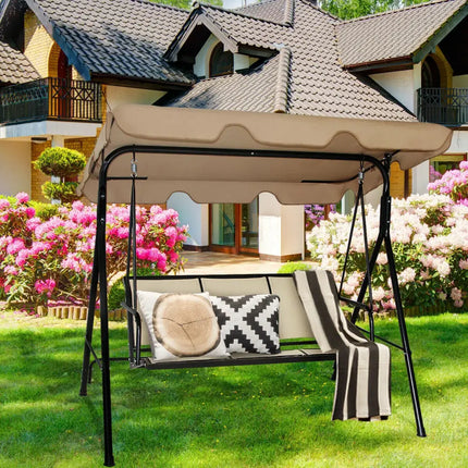 3 Person Steel Frame Patio Swing with Polyester Angle and Adjustable Canopy-Brown - Brown - Porch Swings