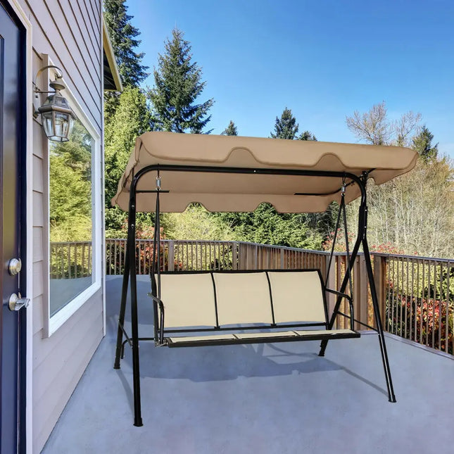 3 Person Steel Frame Patio Swing with Polyester Angle and Adjustable Canopy-Brown - Brown - Porch Swings