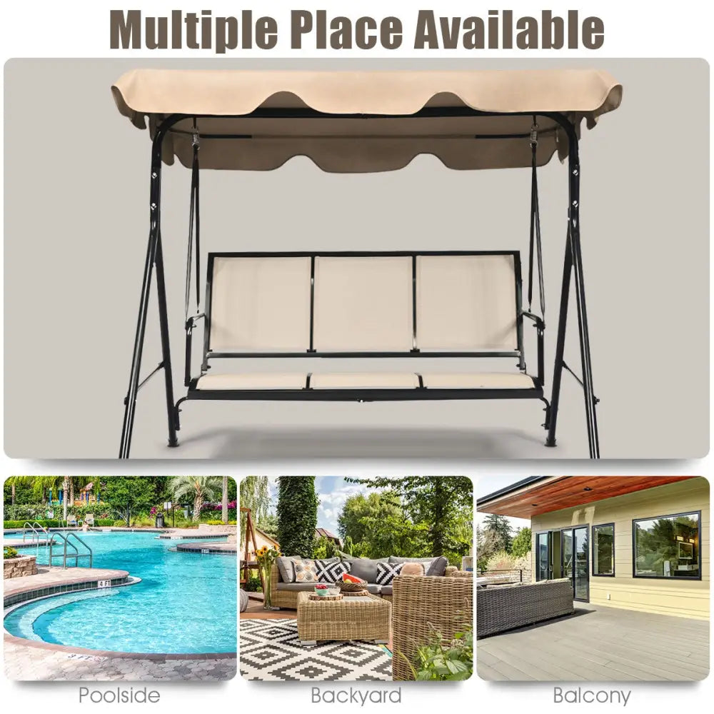 3 Person Steel Frame Patio Swing with Polyester Angle and Adjustable Canopy-Brown - Brown - Porch Swings