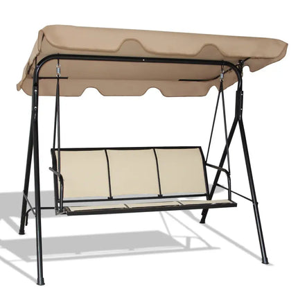 3 Person Steel Frame Patio Swing with Polyester Angle and Adjustable Canopy-Brown - Brown - Porch Swings