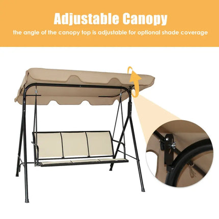 3 Person Steel Frame Patio Swing with Polyester Angle and Adjustable Canopy-Brown - Brown - Porch Swings