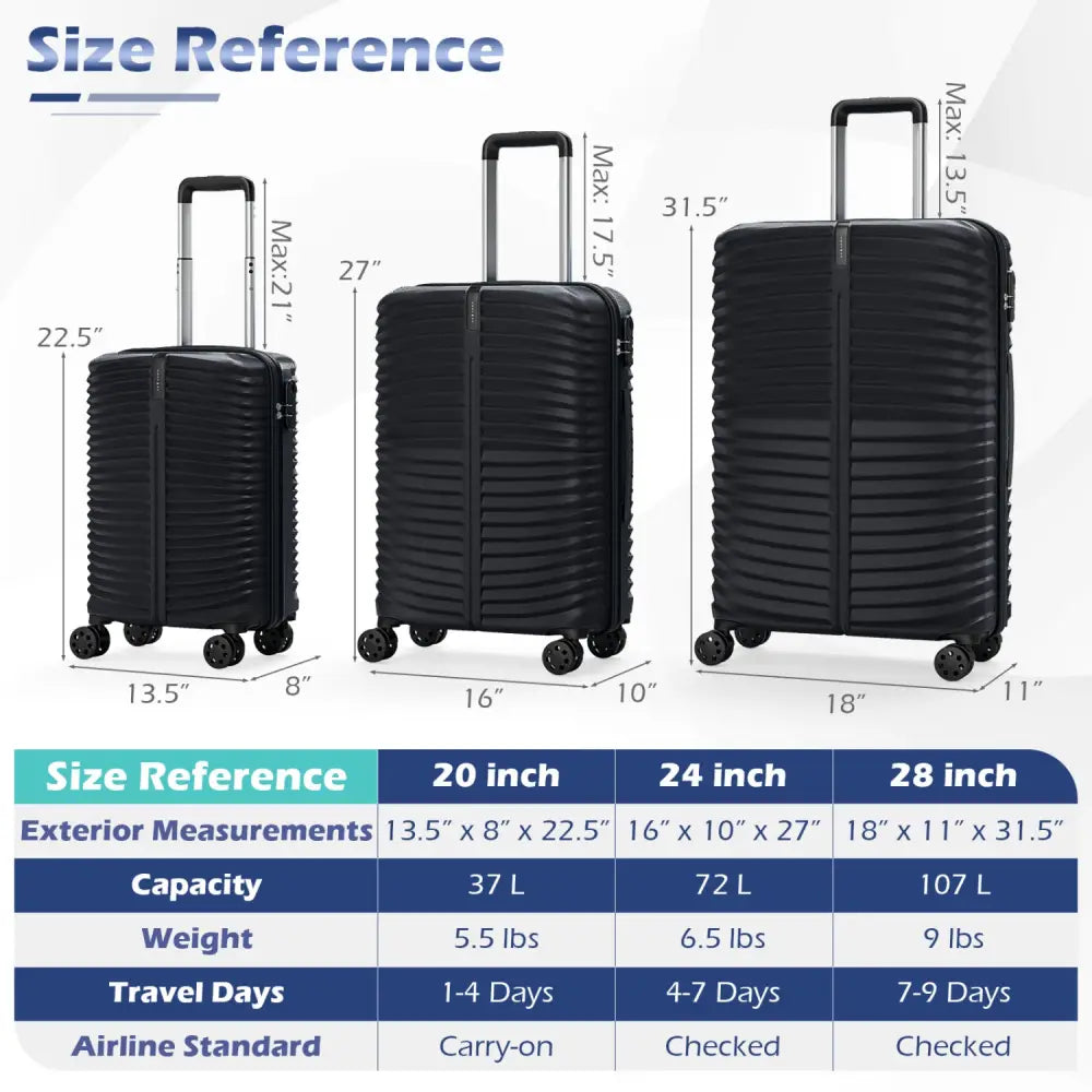 3-Piece 20/24/28 Inch Lightweight Hardside Luggage Set with 8-Spinner Wheels-Black - Black - Kids Luggage