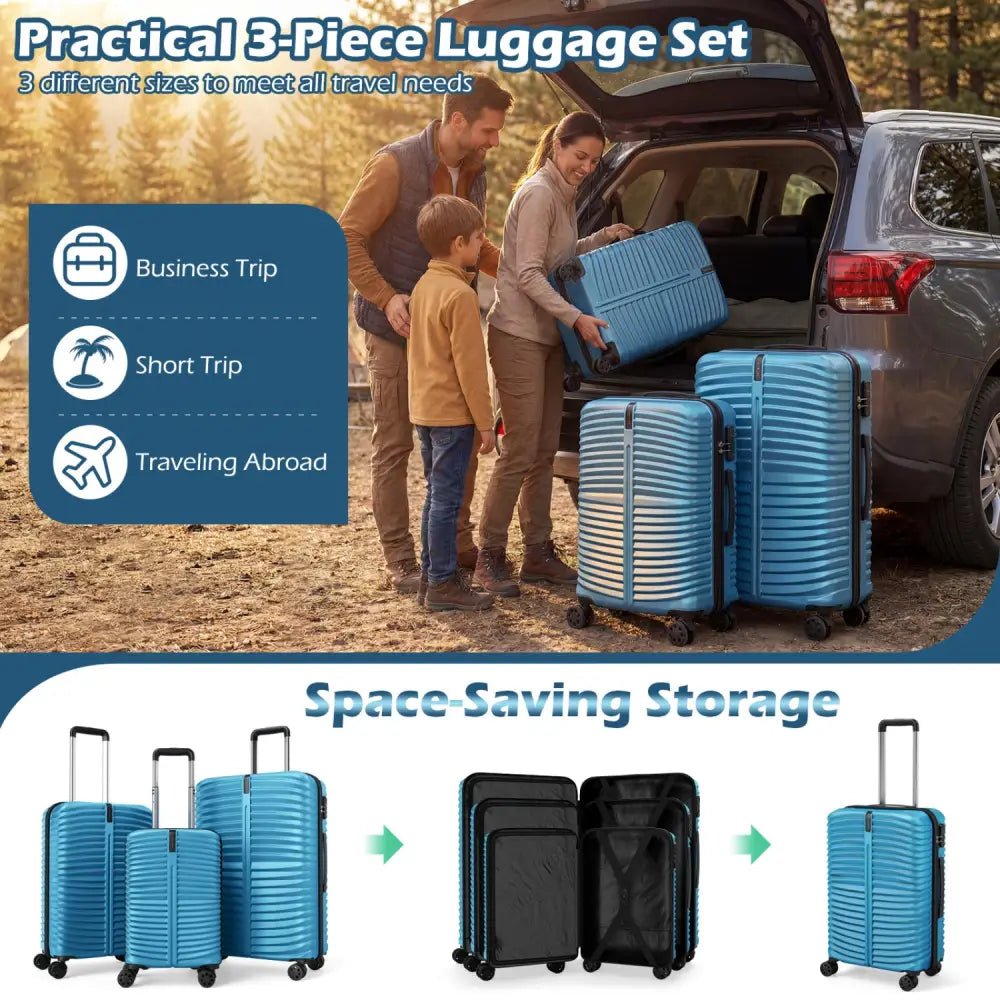 3-Piece 20/24/28 Inch Lightweight Hardside Luggage Set with 8-Spinner Wheels-Blue - Blue - Kids Luggage