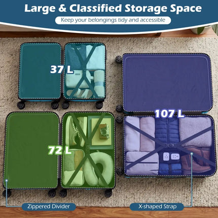 3 - Piece 20/24/28 Inch Lightweight Hardside Luggage Set with 8 - Spinner Wheels - Blue - Oasis Home Essentials