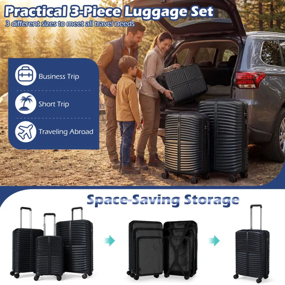 3-Piece 20/24/28 Inch Lightweight Hardside Luggage Set with 8-Spinner Wheels-Black - Black - Kids Luggage