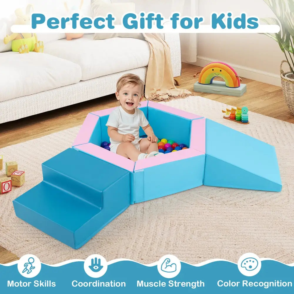 3-Piece Baby Foam Climbing Blocks Climb and Crawl Set with 100 Ocean Balls-Blue - Blue - Climbers & Slides