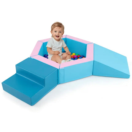 3 - Piece Baby Foam Climbing Blocks Climb and Crawl Set with 100 Ocean Balls - Blue - Oasis Home Essentials
