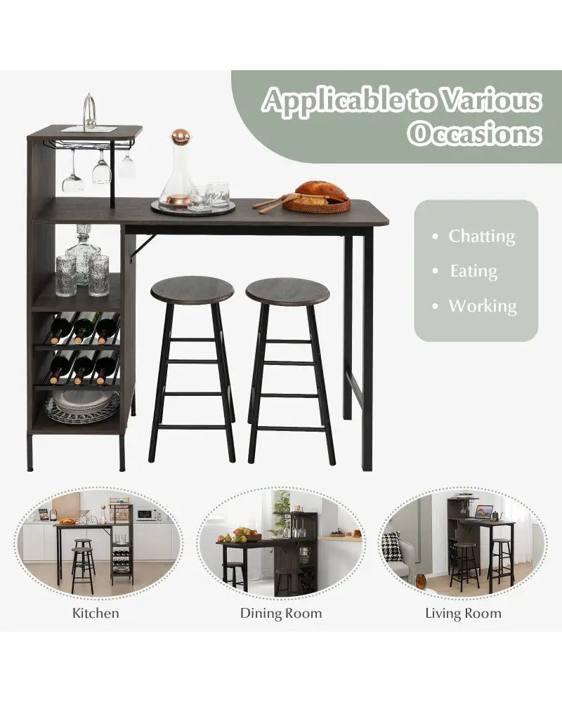 3 Piece Bar Table and Chairs Set with 6-Bottle Wine Rack-Brown - Brown - Dining Room Sets
