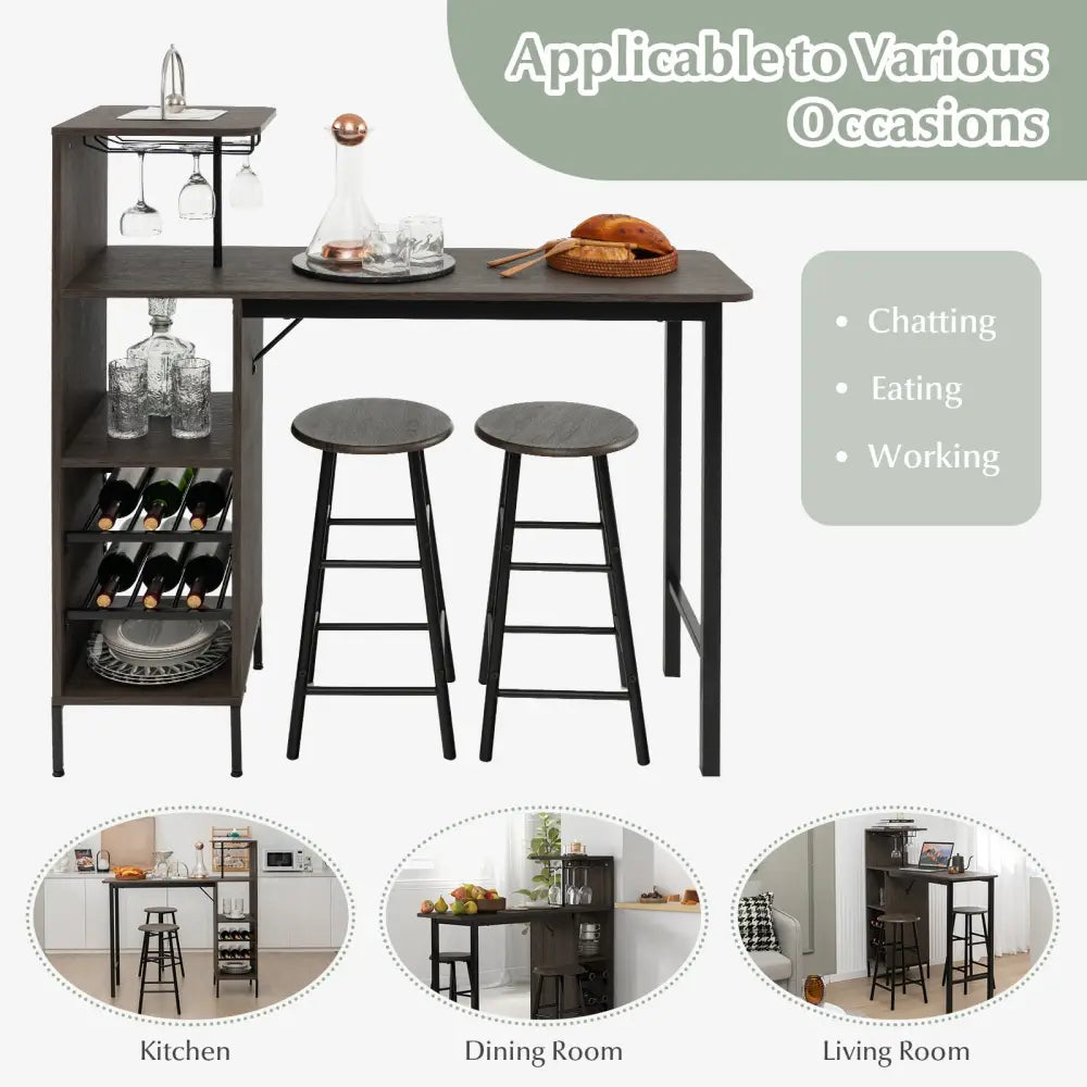 3 Piece Bar Table and Chairs Set with 6-Bottle Wine Rack-Brown - Brown - Dining Room Sets