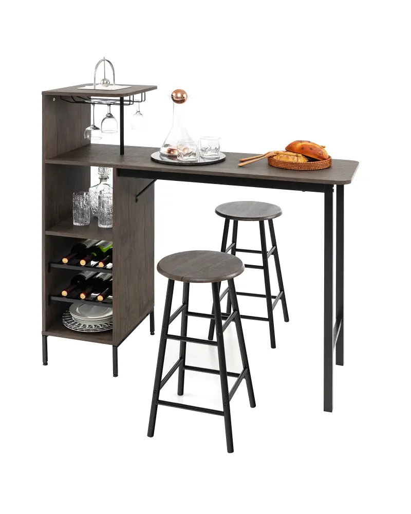 3 Piece Bar Table and Chairs Set with 6-Bottle Wine Rack-Brown - Brown - Dining Room Sets