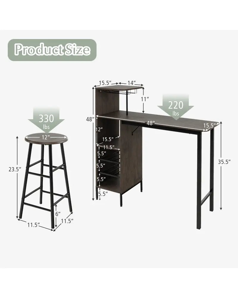 3 Piece Bar Table and Chairs Set with 6-Bottle Wine Rack-Brown - Brown - Dining Room Sets