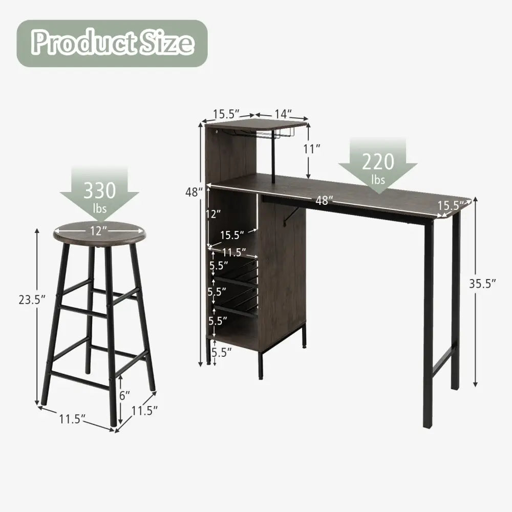 3 Piece Bar Table and Chairs Set with 6-Bottle Wine Rack-Brown - Brown - Dining Room Sets