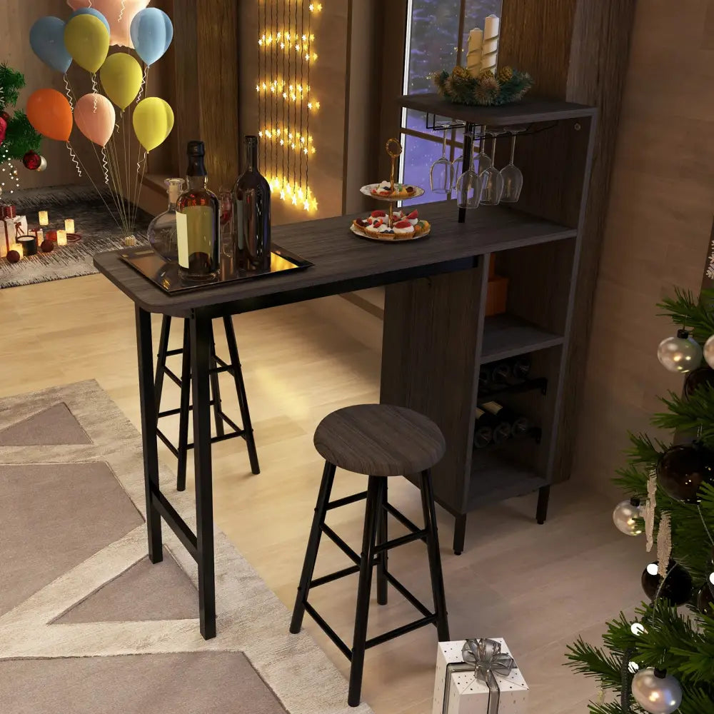 3 Piece Bar Table and Chairs Set with 6-Bottle Wine Rack-Brown - Brown - Dining Room Sets