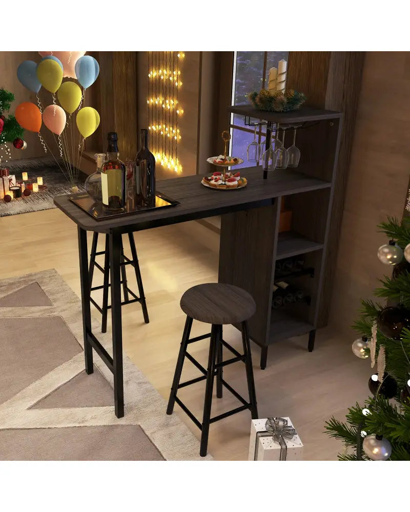3 Piece Bar Table and Chairs Set with 6-Bottle Wine Rack-Brown - Brown - Dining Room Sets