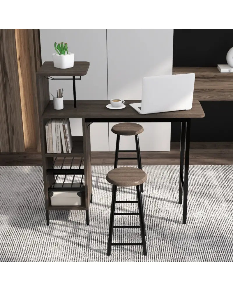 3 Piece Bar Table and Chairs Set with 6-Bottle Wine Rack-Brown - Brown - Dining Room Sets