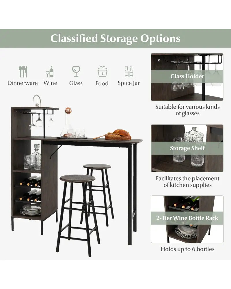 3 Piece Bar Table and Chairs Set with 6-Bottle Wine Rack-Brown - Brown - Dining Room Sets