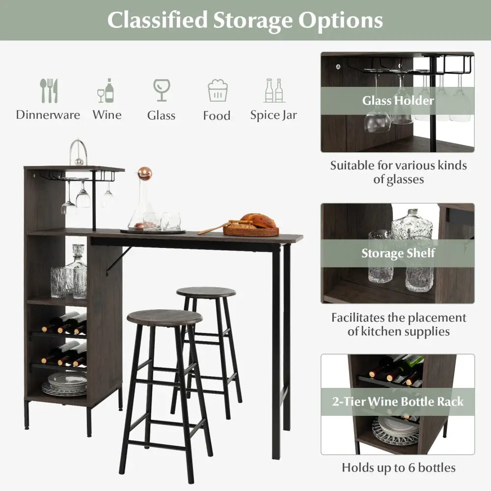 3 Piece Bar Table and Chairs Set with 6-Bottle Wine Rack-Brown - Brown - Dining Room Sets
