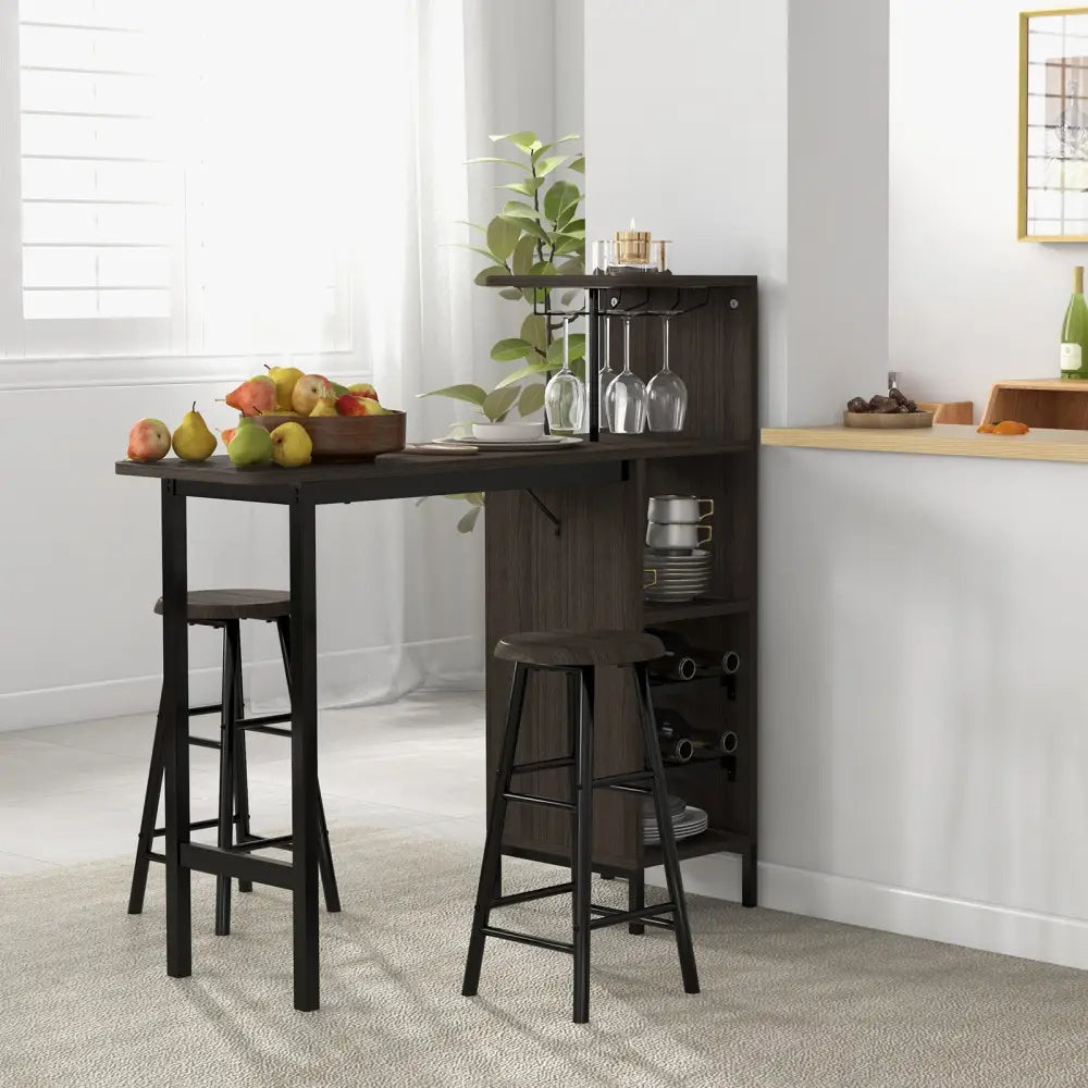 3 Piece Bar Table and Chairs Set with 6-Bottle Wine Rack-Brown - Brown - Dining Room Sets