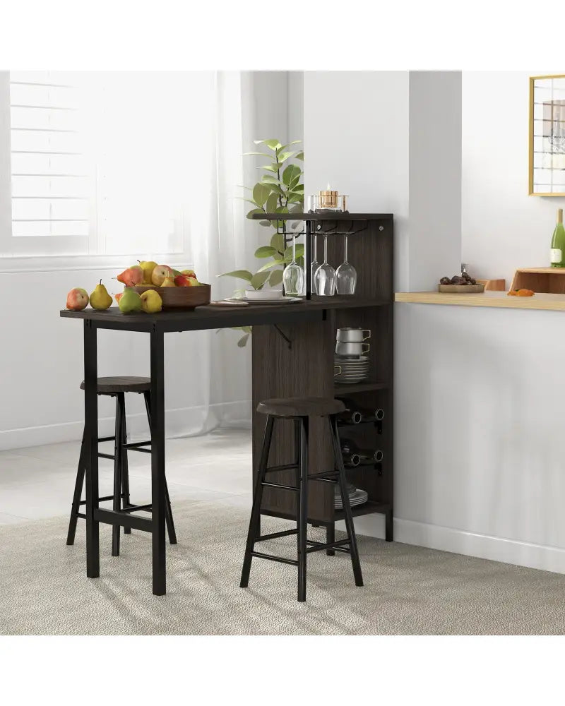 3 Piece Bar Table and Chairs Set with 6-Bottle Wine Rack-Brown - Brown - Dining Room Sets