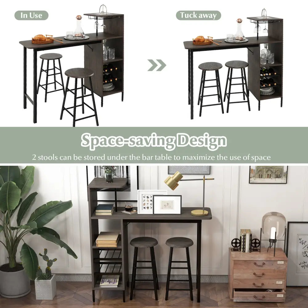 3 Piece Bar Table and Chairs Set with 6-Bottle Wine Rack-Brown - Brown - Dining Room Sets