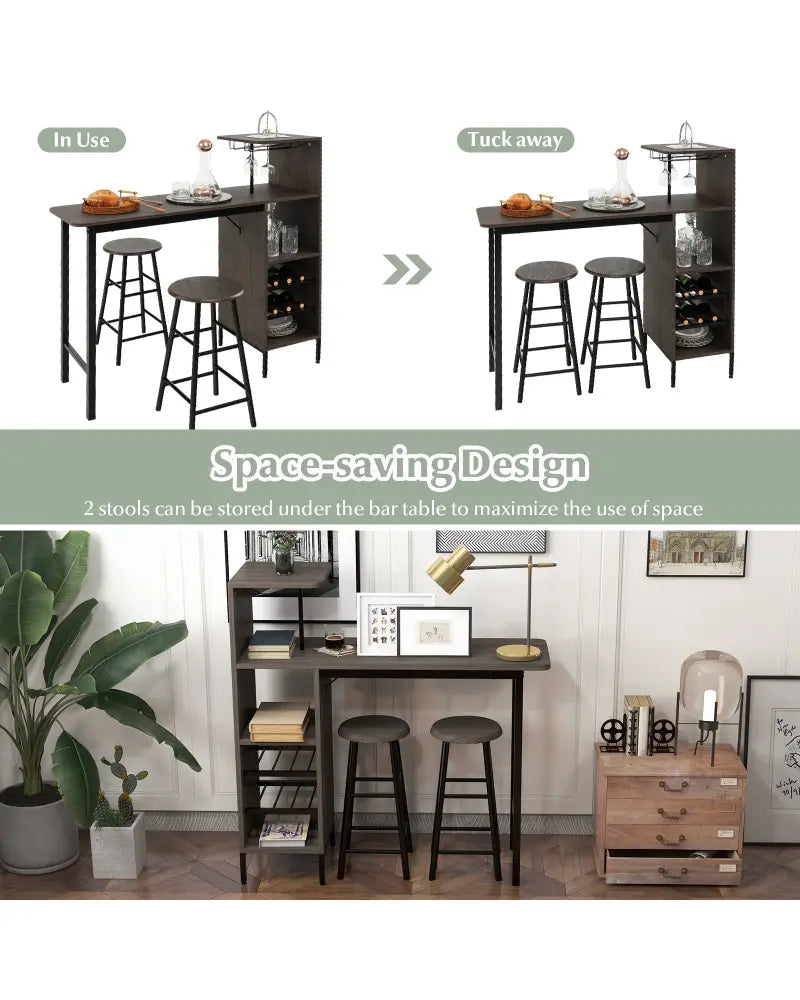 3 Piece Bar Table and Chairs Set with 6-Bottle Wine Rack-Brown - Brown - Dining Room Sets