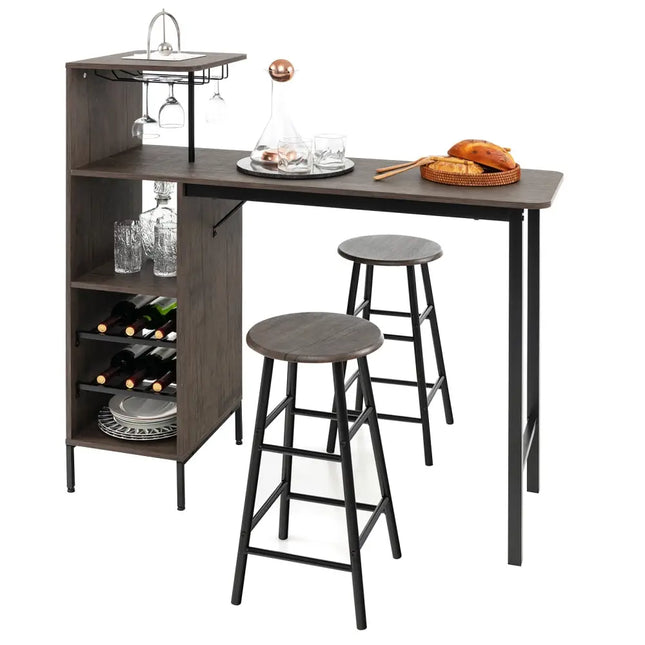3 Piece Bar Table and Chairs Set with 6-Bottle Wine Rack-Brown Costway