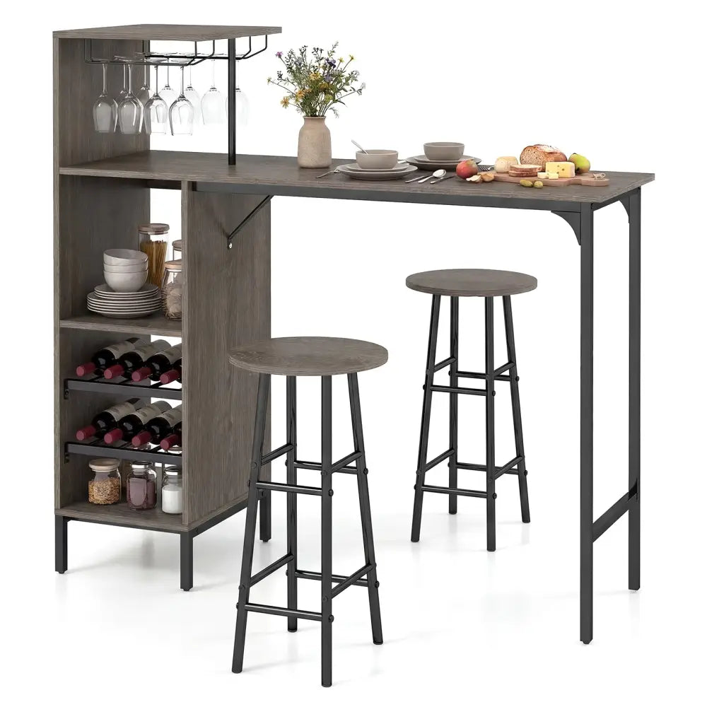 3 Piece Bar Table and Chairs Set with 6-Bottle Wine Rack-Oak - Oak - Dining Room Sets