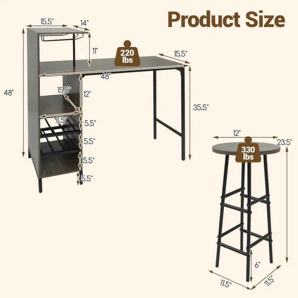 3 Piece Bar Table and Chairs Set with 6-Bottle Wine Rack-Oak - Oak - Dining Room Sets