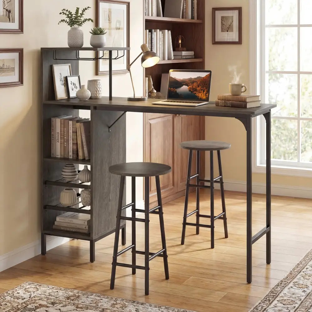 3 Piece Bar Table and Chairs Set with 6-Bottle Wine Rack-Oak - Oak - Dining Room Sets
